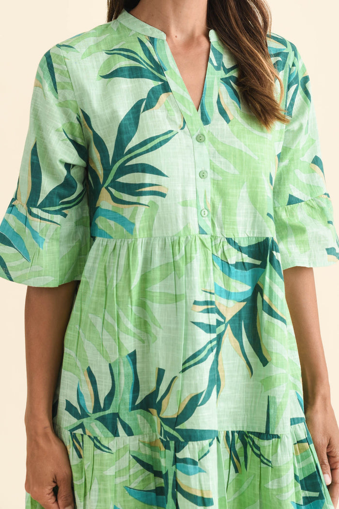 Senna Green Leaf Cotton Dress,Brunette model,alt text|model:Cara