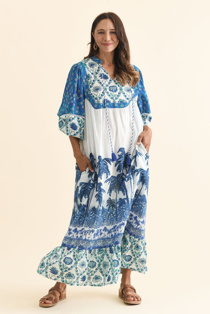 Shari Blue Tropical Cotton Dress,Brunette model,alt text|model:Cara
