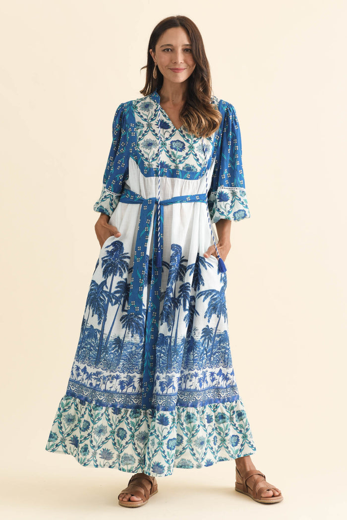 Shari Blue Tropical Cotton Dress,Brunette model,alt text|model:Cara