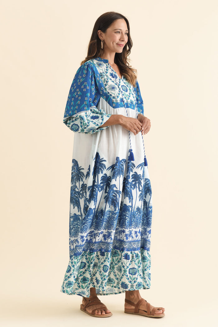 Shari Blue Tropical Cotton Dress,Brunette model,alt text|model:Cara