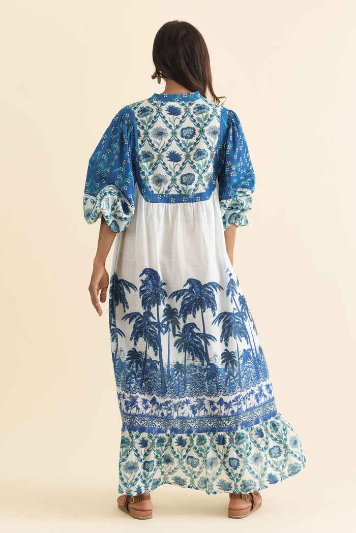 Shari Blue Tropical Cotton Dress,Brunette model,alt text|model:Cara