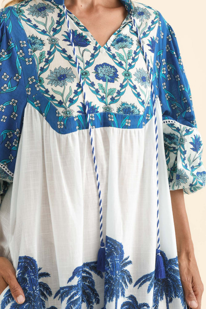 Shari Blue Tropical Cotton Dress,Brunette model,alt text|model:Cara