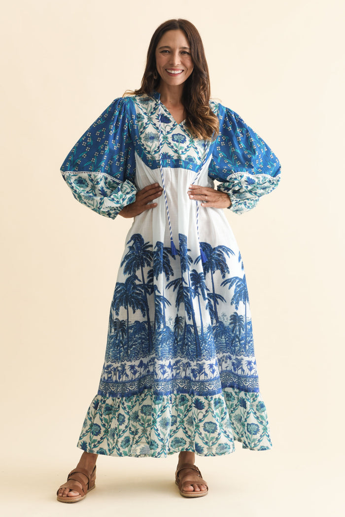 Shari Blue Tropical Cotton Dress,Brunette model,alt text|model:Cara