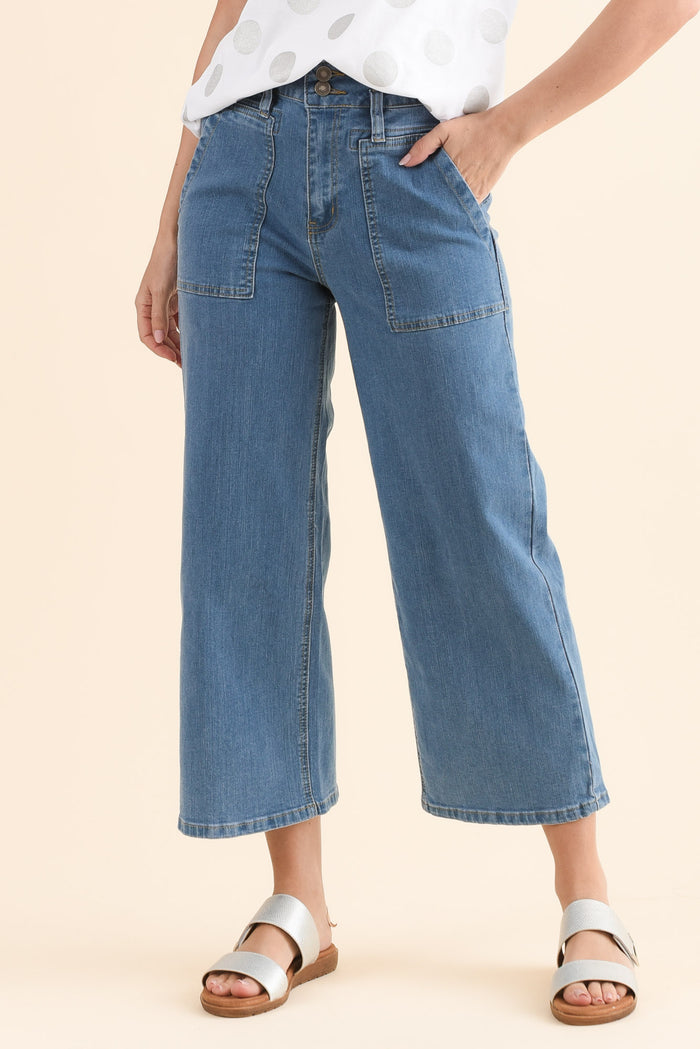 Sheridan Blue Denim Cropped Jeans,Front,Brunette model,alt text|model:MJ