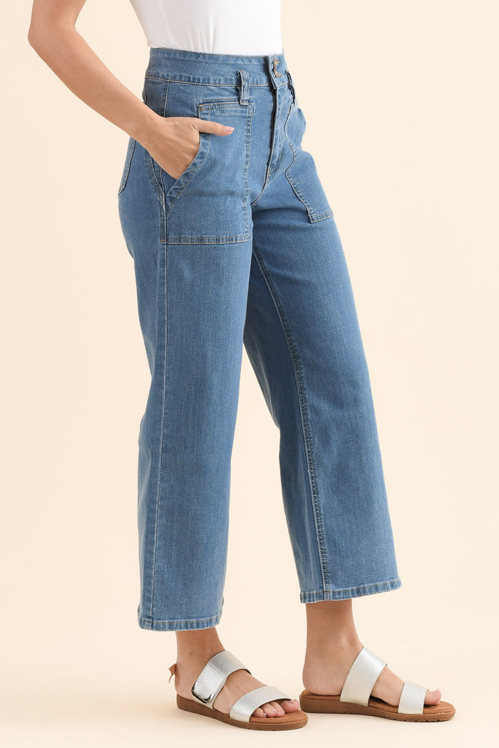 Sheridan Blue Denim Cropped Jeans,Side,Brunette model,alt text|model:MJ
