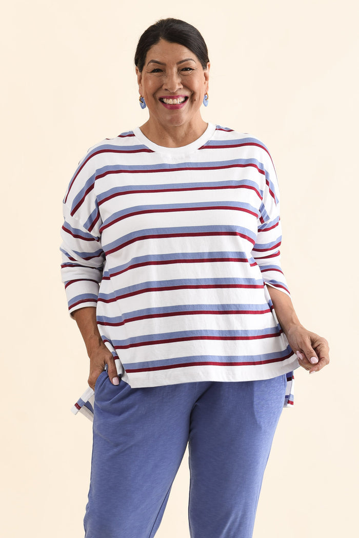 Sigrid White Stripe Long Sleeve Cotton Tee,Front,Brunette model,alt text|model:Pilita