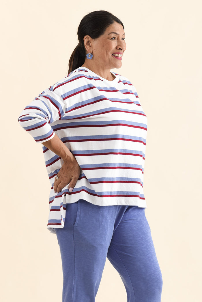 Sigrid White Stripe Long Sleeve Cotton Tee,Side,Brunette model,alt text|model:Pilita