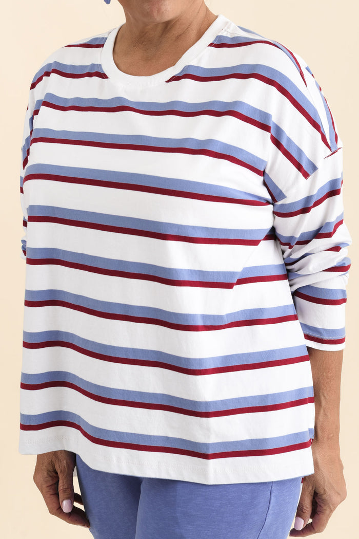 Sigrid White Stripe Long Sleeve Cotton Tee,Detail,Brunette model,alt text|model:Pilita