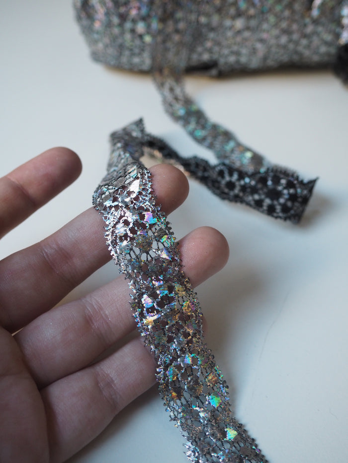 Silver Holographic Circlet Foiled Scallop Lace Trim 2cm