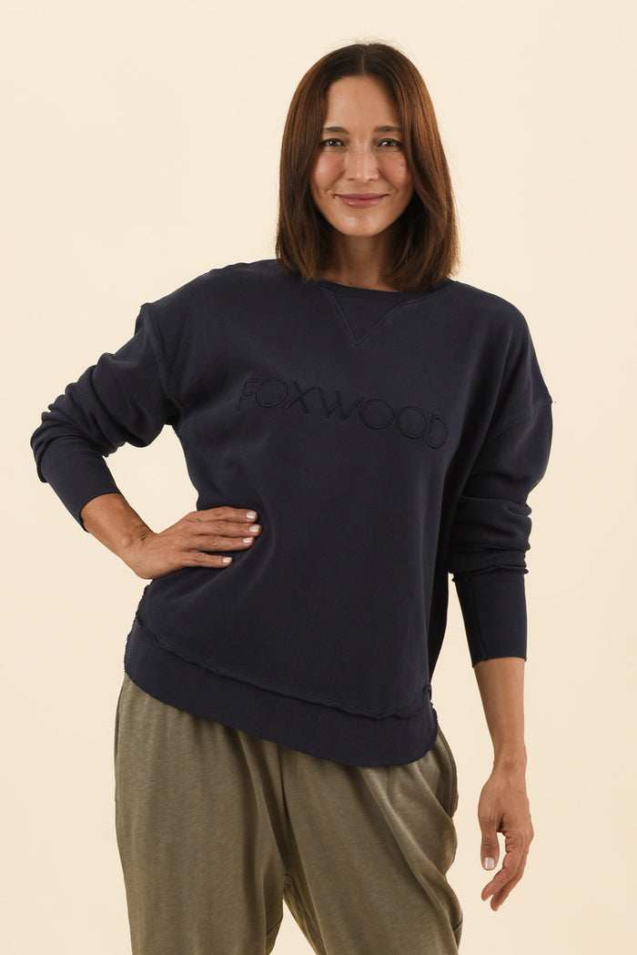 Simplified Navy Cotton Crewneck Sweatshirt,Front,Brunette model,alt text|model:Cara