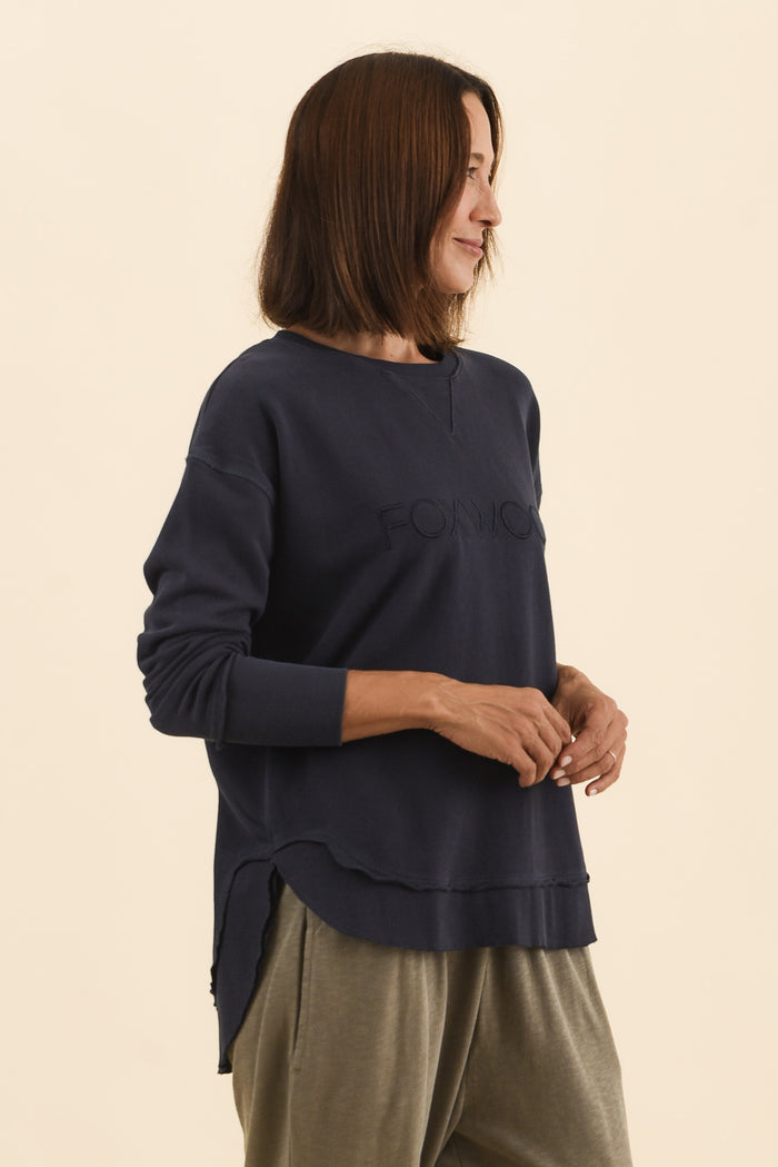 Simplified Navy Cotton Crewneck Sweatshirt,Side,Brunette model,alt text|model:Cara