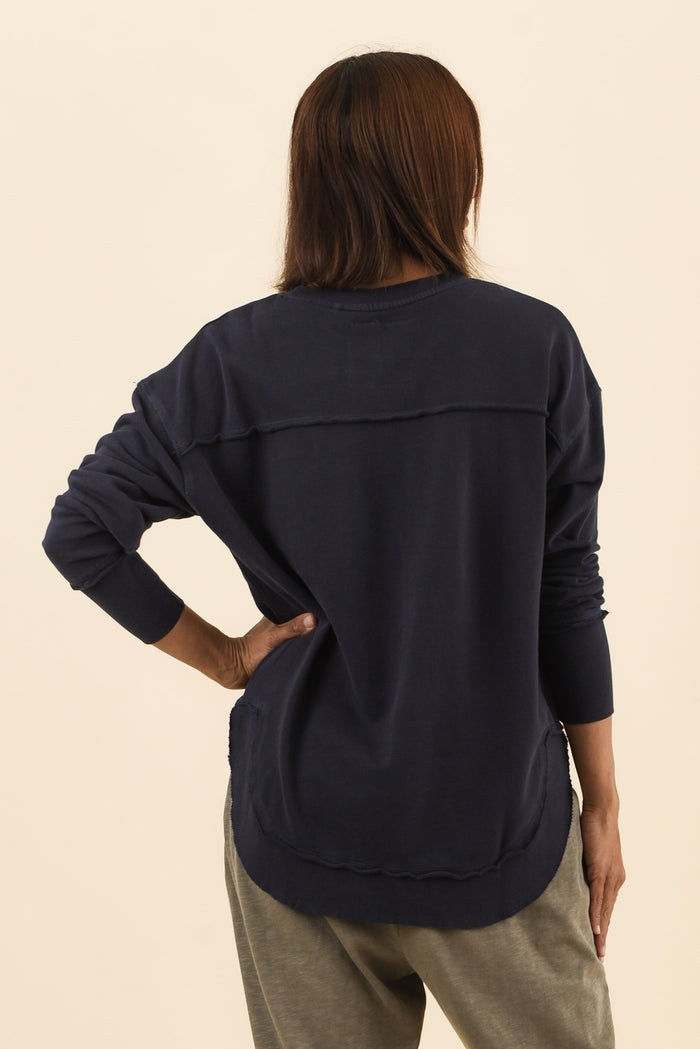 Simplified Navy Cotton Crewneck Sweatshirt,Back,Brunette model,alt text|model:Cara