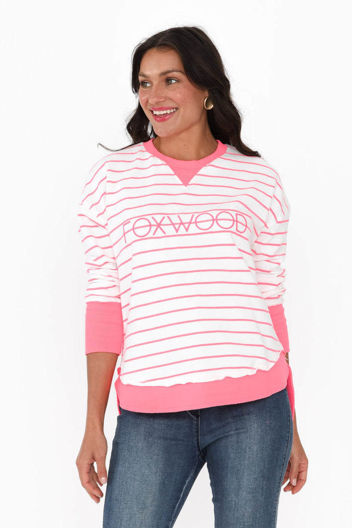 Simplified Pink Stripe Cotton Crewneck Sweatshirt,Brunette model,alt text|model:Brontie