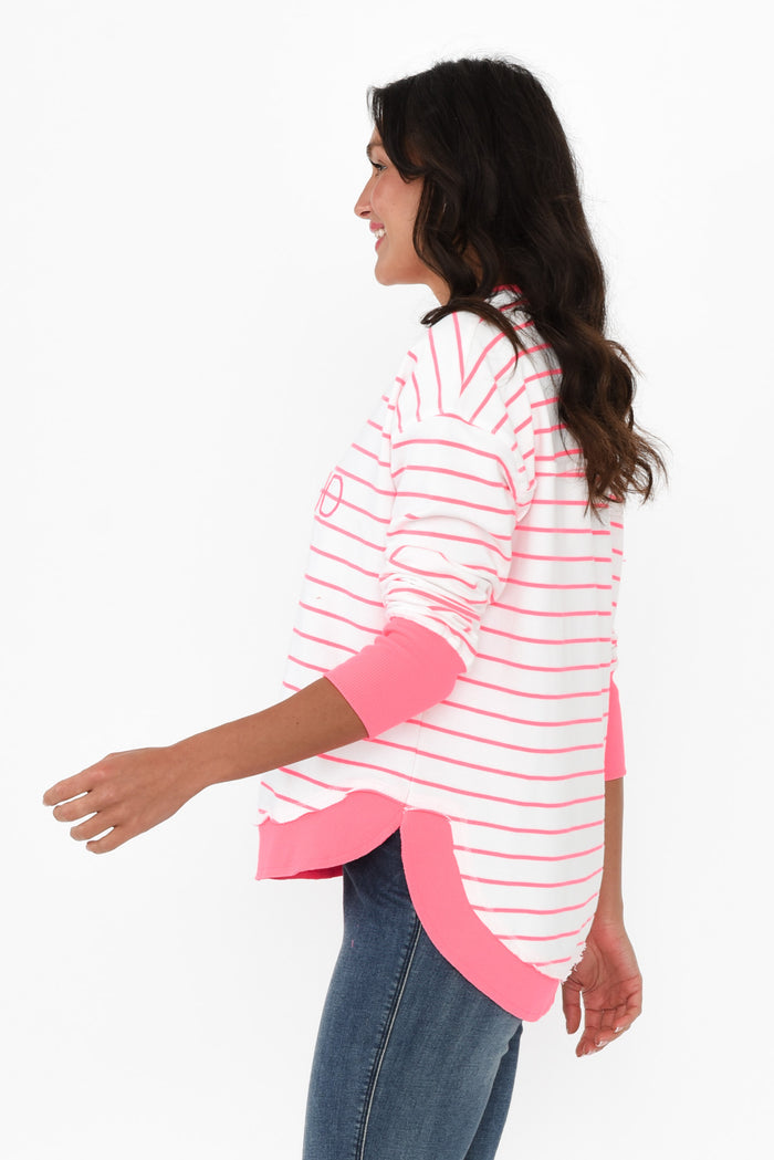 Simplified Pink Stripe Cotton Crewneck Sweatshirt,Brunette model,alt text|model:Brontie