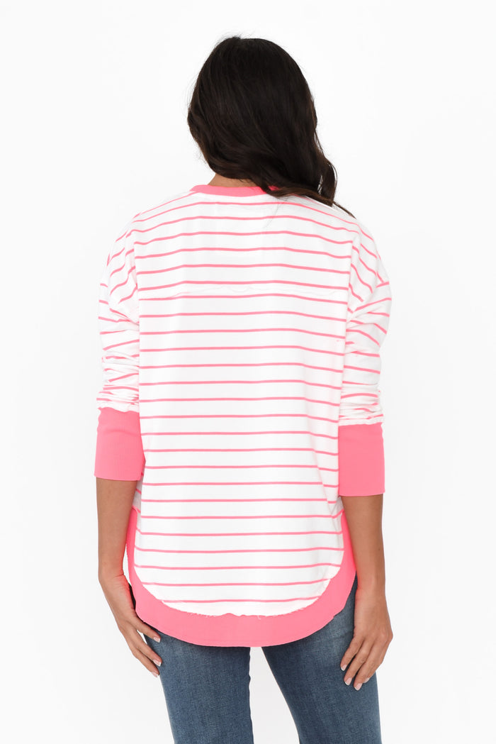 Simplified Pink Stripe Cotton Crewneck Sweatshirt,Brunette model,alt text|model:Brontie
