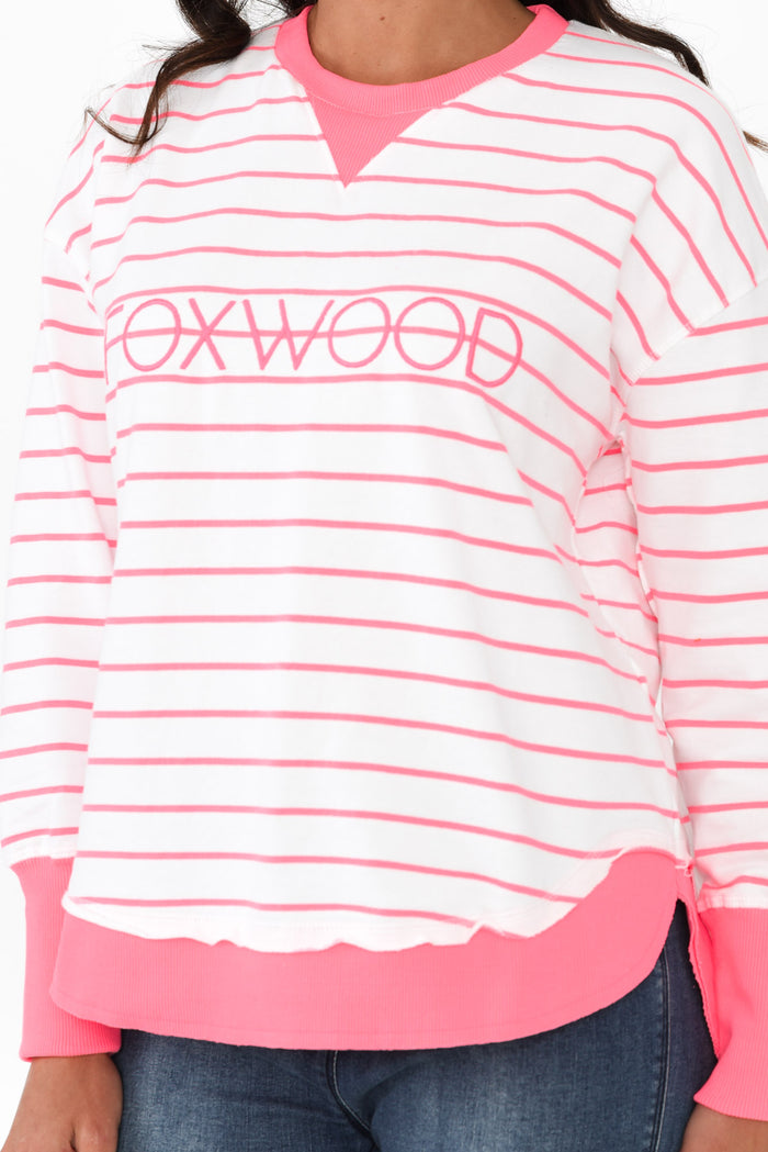 Simplified Pink Stripe Cotton Crewneck Sweatshirt,Brunette model,alt text|model:Brontie