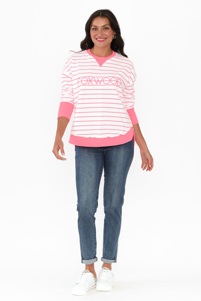 Simplified Pink Stripe Cotton Crewneck Sweatshirt,Brunette model,alt text|model:Brontie