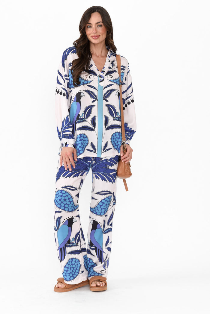 Sona Blue Tropical Wide Leg Pants,Brunette model,alt text|model:Elouise