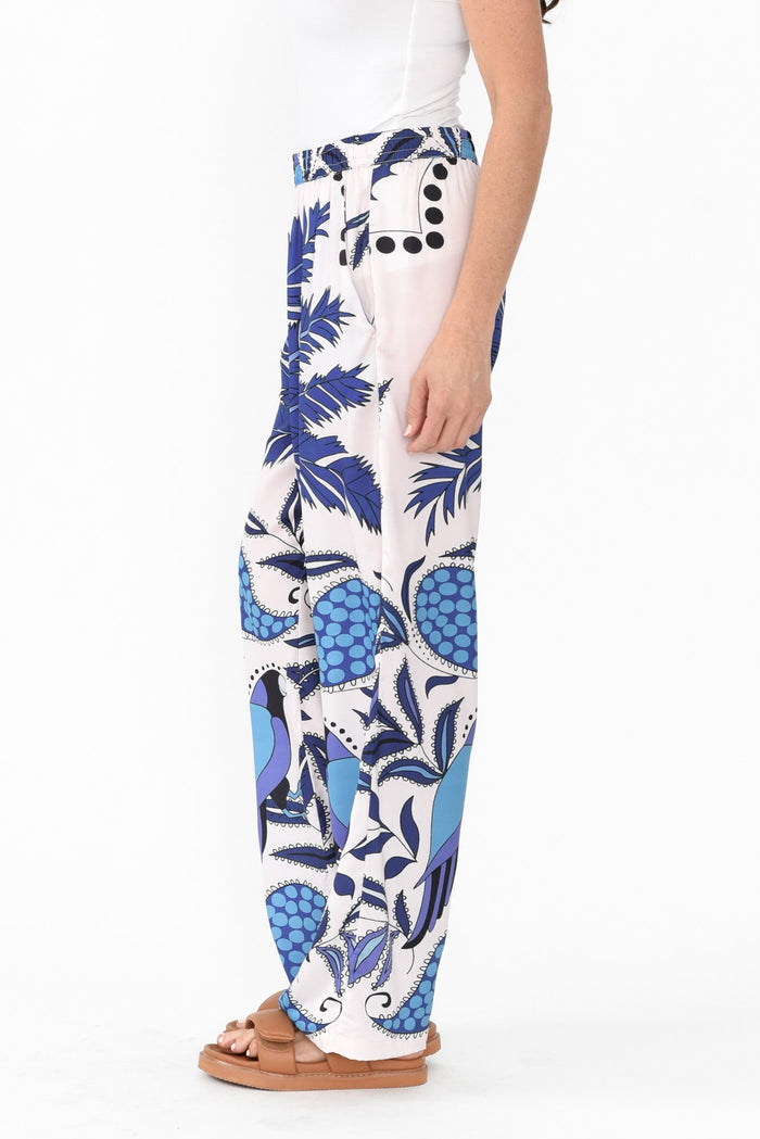 Sona Blue Tropical Wide Leg Pants,Brunette model,alt text|model:Elouise