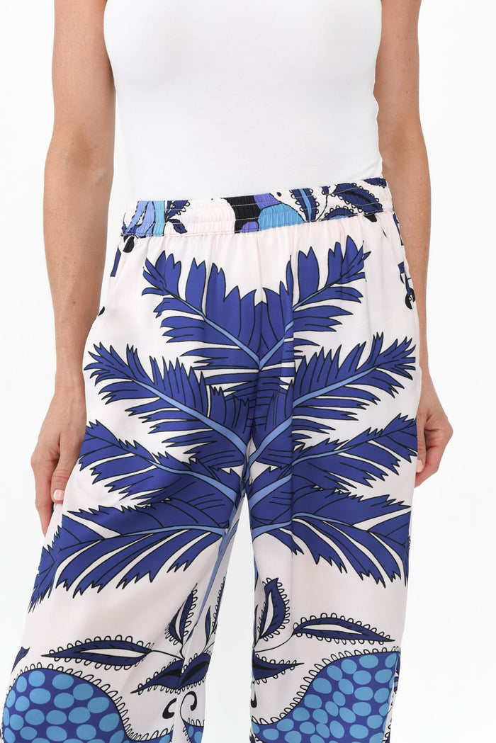 Sona Blue Tropical Wide Leg Pants,Brunette model,alt text|model:Elouise