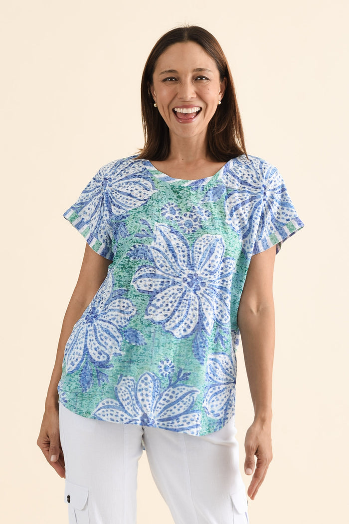 Sorelle Green Floral Cotton Blend Tee,Front,Brunette model,alt text|model:Cara