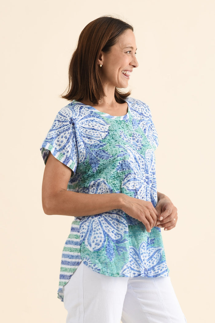 Sorelle Green Floral Cotton Blend Tee,Side,Brunette model,alt text|model:Cara
