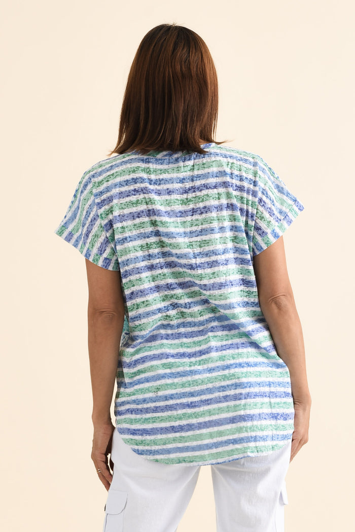 Sorelle Green Floral Cotton Blend Tee,Back,Brunette model,alt text|model:Cara
