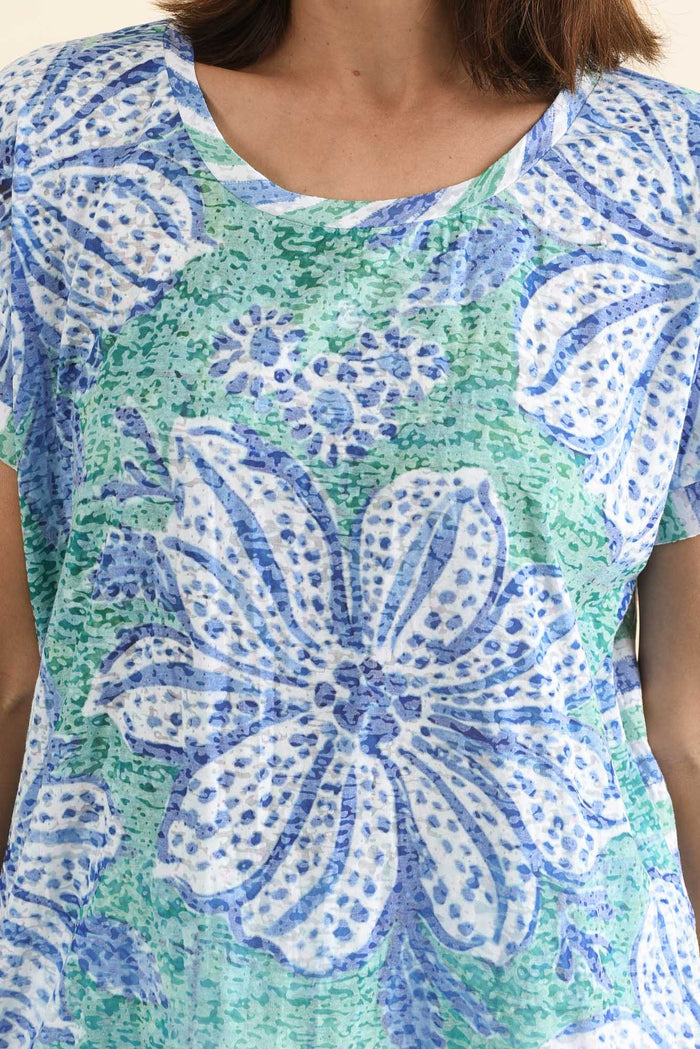 Sorelle Green Floral Cotton Blend Tee,Detail,Brunette model,alt text|model:Cara