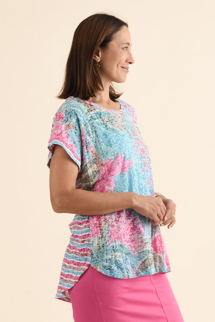 Sorelle Pink Paradise Cotton Blend Tee,Side,Brunette model,alt text|model:Cara