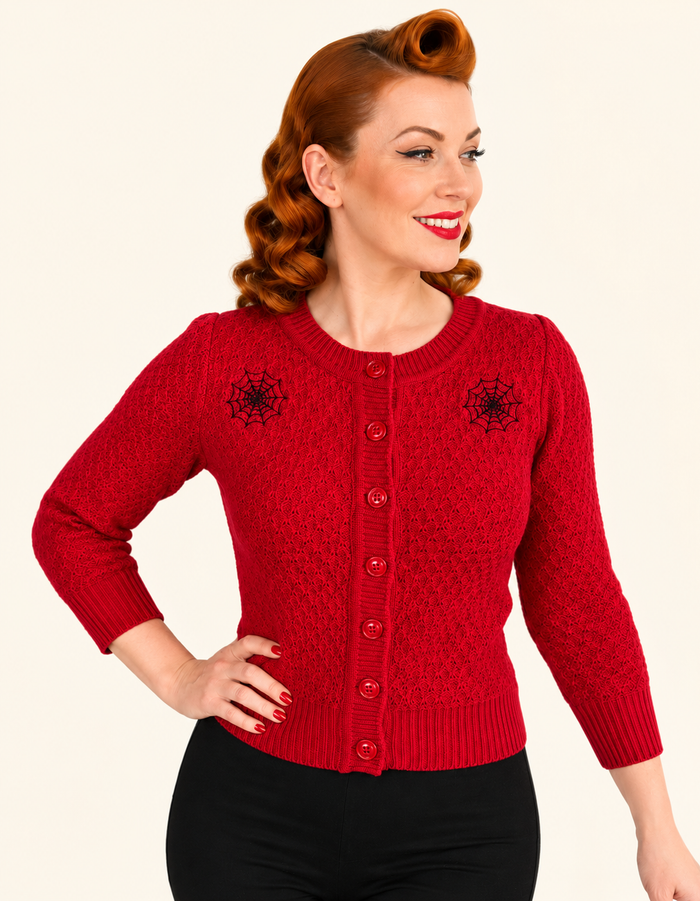 Spider Web Cardigan | Red Retro Sweater