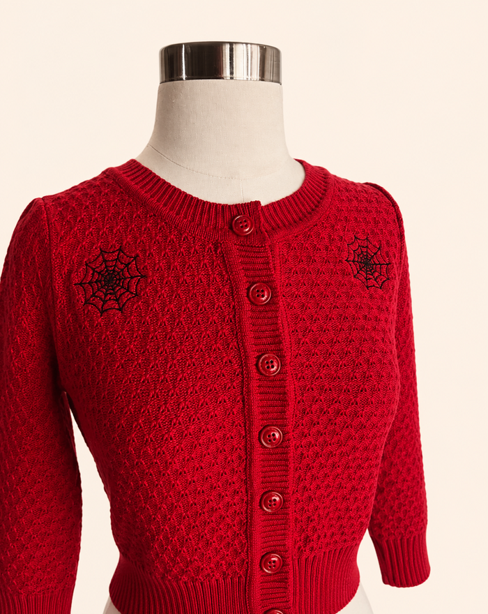 Spider Web Cardigan | Red Retro Sweater