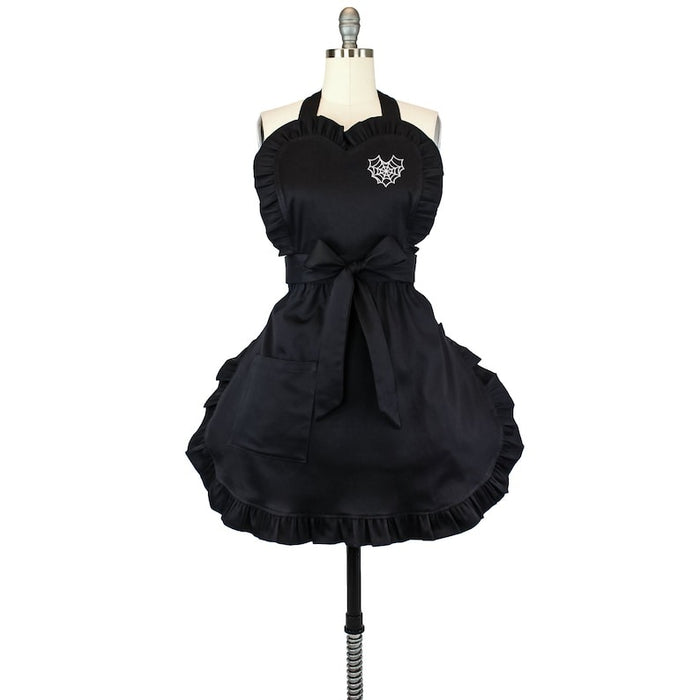 Spiderweb Embroidered Heart Black Vintage Inspired Apron