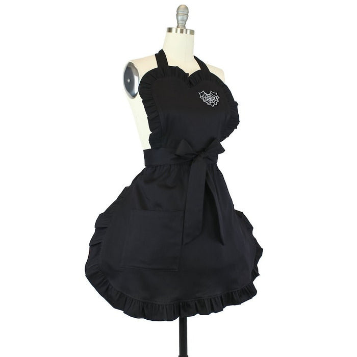 Spiderweb Embroidered Heart Black Vintage Inspired Apron