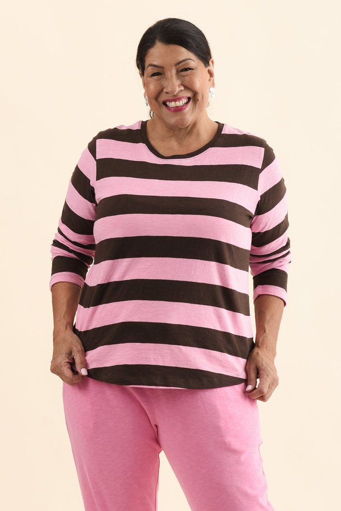 Spritz Chocolate Stripe Long Sleeve Tee,Front,Brunette model,alt text|model:Pilita