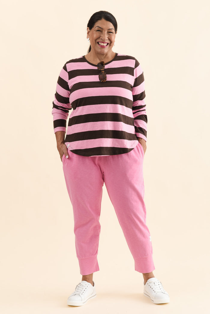 Spritz Chocolate Stripe Long Sleeve Tee,Full Body,Brunette model,alt text|model:Pilita