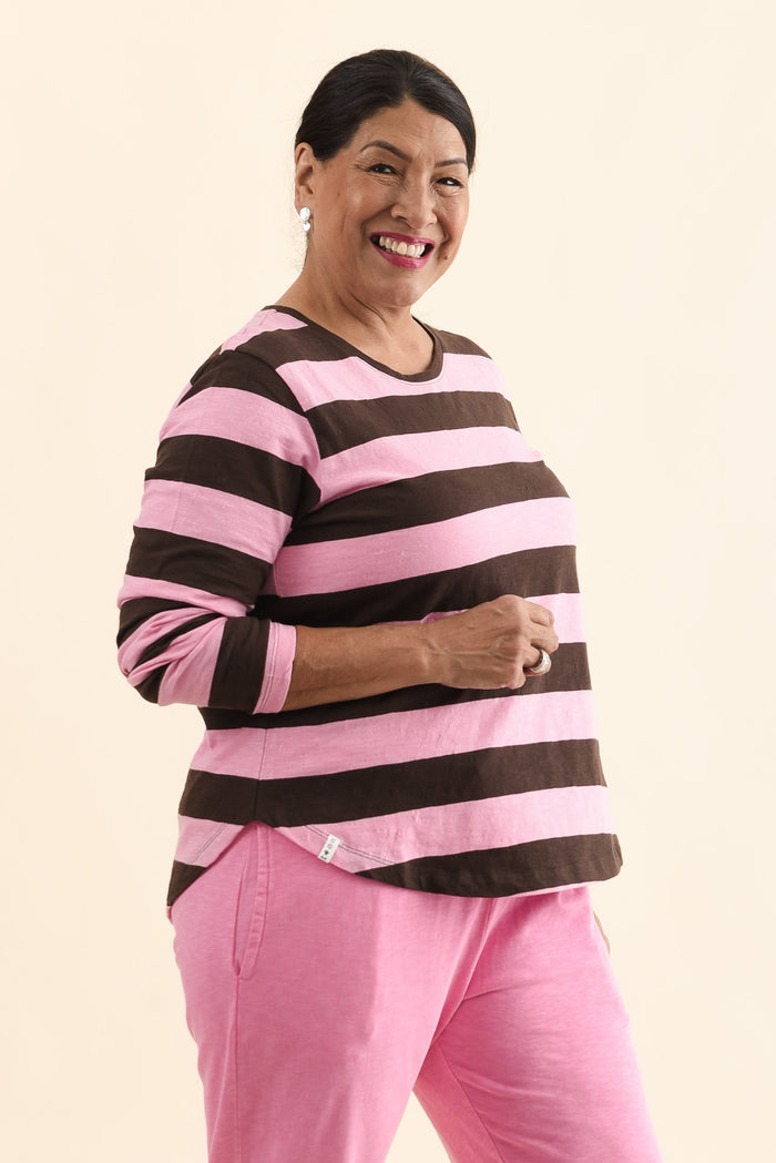 Spritz Chocolate Stripe Long Sleeve Tee,Side,Brunette model,alt text|model:Pilita