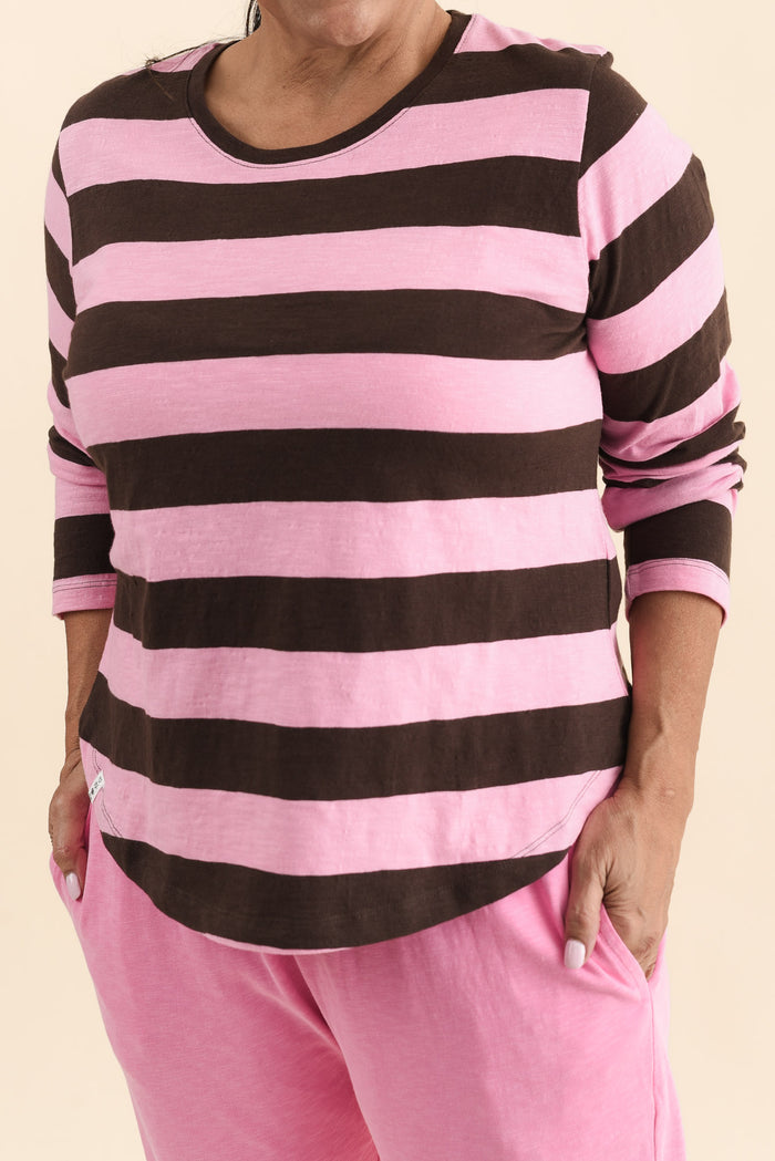 Spritz Chocolate Stripe Long Sleeve Tee,Detail,Brunette model,alt text|model:Pilita