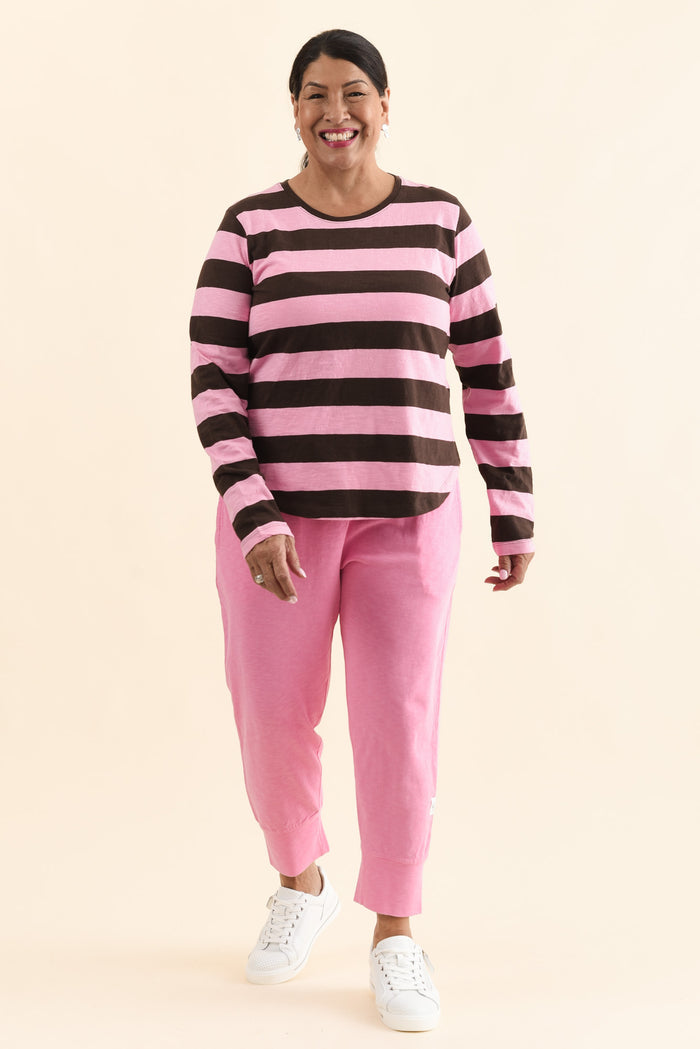Spritz Chocolate Stripe Long Sleeve Tee,Full Body,Brunette model,alt text|model:Pilita