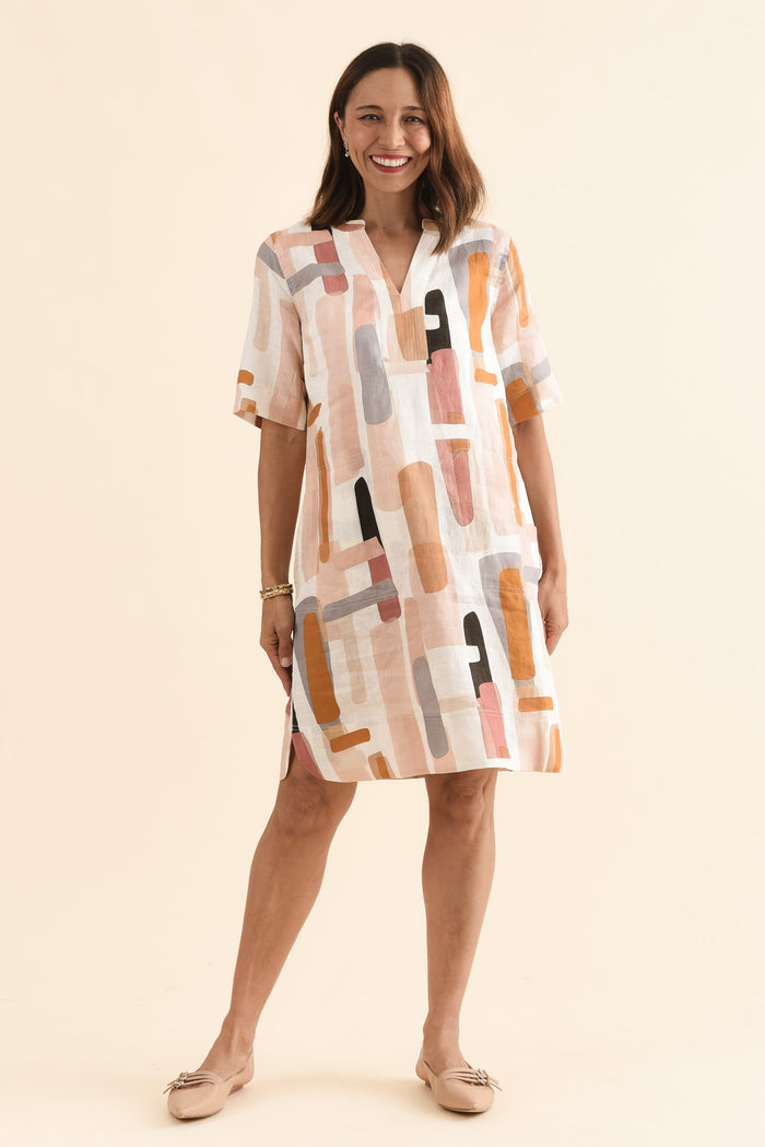 Stafford Cream Abstract Linen Dress,Full Body,Brunette model,alt text|model:Cara