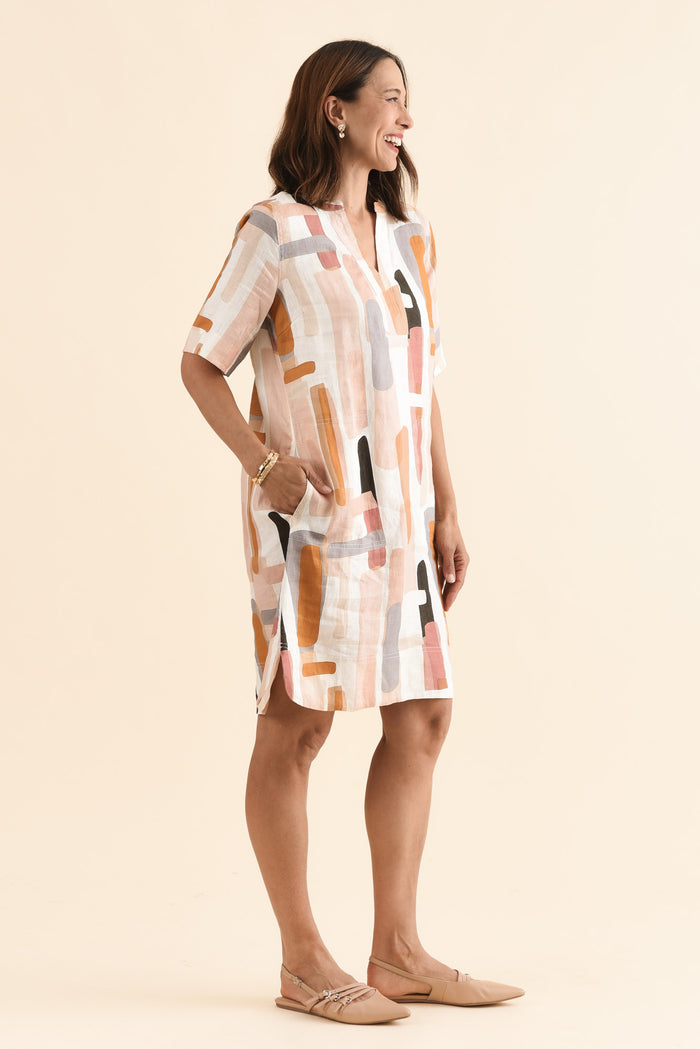 Stafford Cream Abstract Linen Dress,Side,Brunette model,alt text|model:Cara