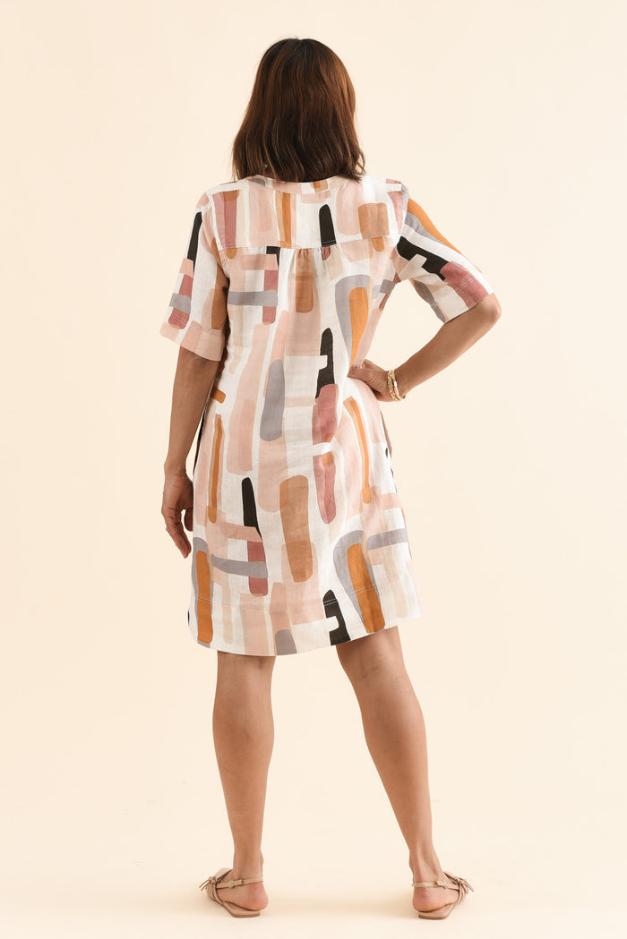 Stafford Cream Abstract Linen Dress,Back,Brunette model,alt text|model:Cara