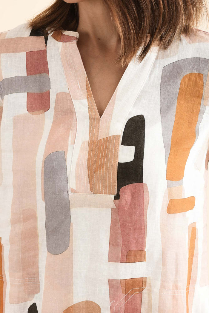 Stafford Cream Abstract Linen Dress,Detail,Brunette model,alt text|model:Cara