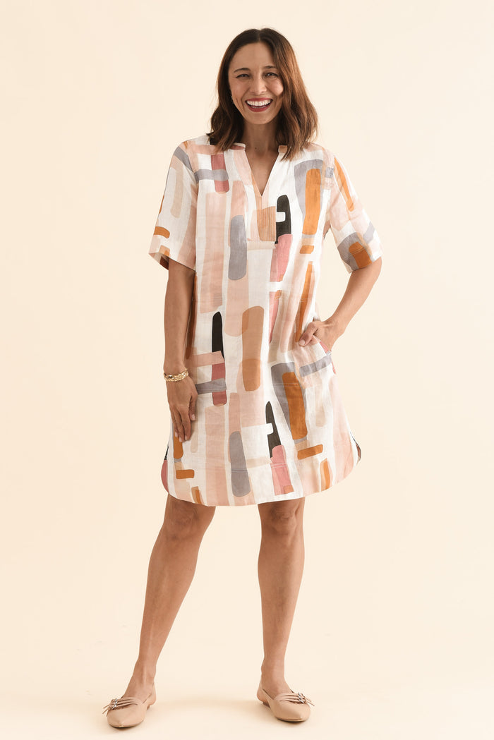 Stafford Cream Abstract Linen Dress,Full Body,Brunette model,alt text|model:Cara