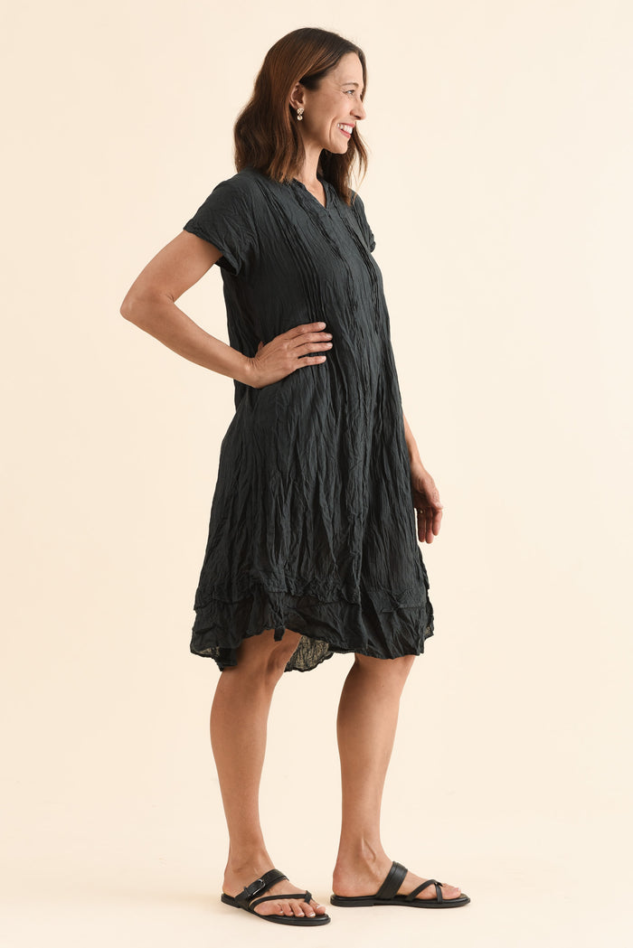Stassi Charcoal Crinkle Cotton Dress,Side,Brunette model,alt text|model:Cara