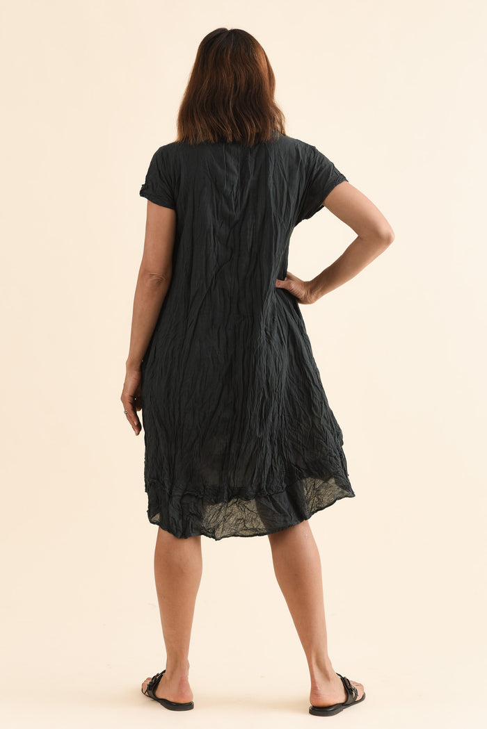 Stassi Charcoal Crinkle Cotton Dress,Back,Brunette model,alt text|model:Cara