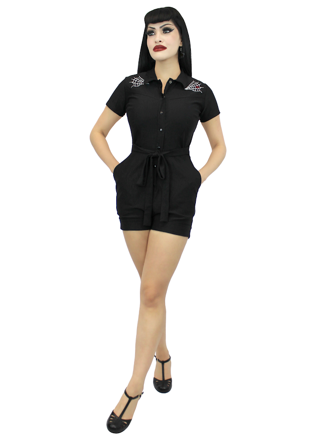 Model wearing Stretchy Spiderweb Black Romper With Belt