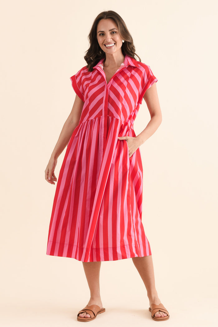 Susan Pink Stripe Cotton Collared Dress,Front,Brunette model,alt text|model:MJ