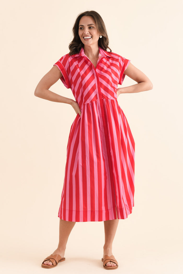 Susan Pink Stripe Cotton Collared Dress,Full Body,Brunette model,alt text|model:MJ