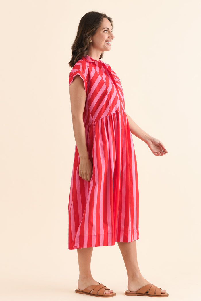 Susan Pink Stripe Cotton Collared Dress,Side,Brunette model,alt text|model:MJ