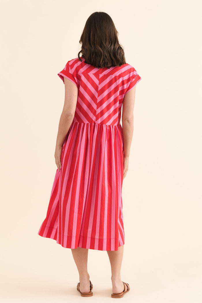 Susan Pink Stripe Cotton Collared Dress,Back,Brunette model,alt text|model:MJ